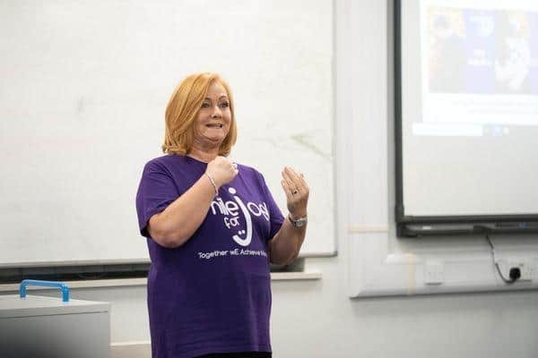 Suzanne Richards MBE, founder of the Smile for Joel charity, giving a talk to students at City of Wolverhampton College
