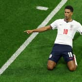 Jude Bellingham celebrates scoring his second goal in the World Cup last-16 game v Mexico (Photo by Darrian Traynor/Getty Images)